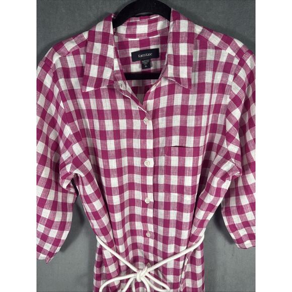 Karen Kane Size XL Linen Pink & White Check Button-Up Rope Belt Shirt Dress - Picture 4 of 11